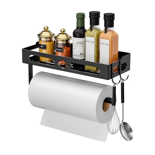 MAYZOLOP Paper Towel Holder with Shelf for Bathroom Kitchen Paper Holder Spice Rack Paper Towel Roll Holder Wall Mounted Paper Towel Holder with 2 Hooks2 Installation Methods SelfAdhesive and Drilling - Image 1