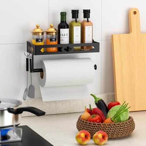 MAYZOLOP Paper Towel Holder with Shelf for Bathroom Kitchen Paper Holder Spice Rack Paper Towel Roll Holder Wall Mounted Paper Towel Holder with 2 Hooks2 Installation Methods SelfAdhesive and Drilling - Image 3