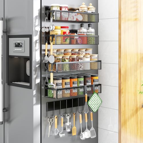 Aufworld Magnetic Spice Rack for Refrigerator 5 Pack Magnetic Shelf Moveable Magnetic Fridge Organizer with an 8Hook Rack Seasoning Organizer for Kitchen Organization Extra with 8 Hooks - Image 1
