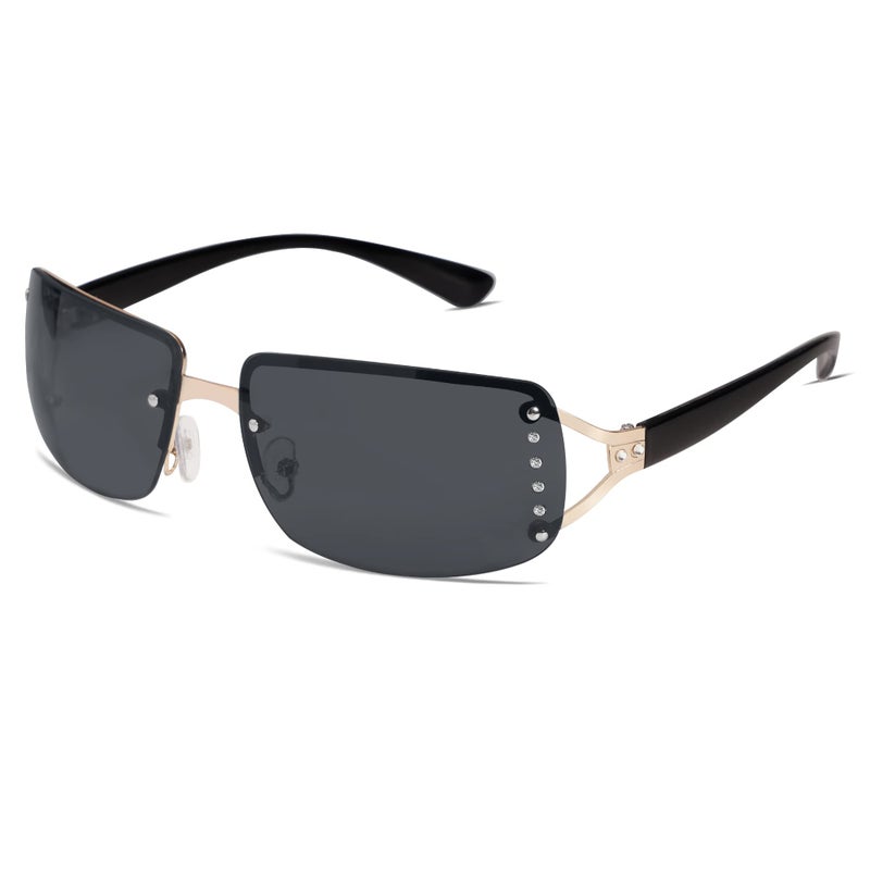VANLINKER Rimless Frameless rectangular Sunglasses for Women Trendy Y2k Early 2000s Fashion Shades All Black - Image 1