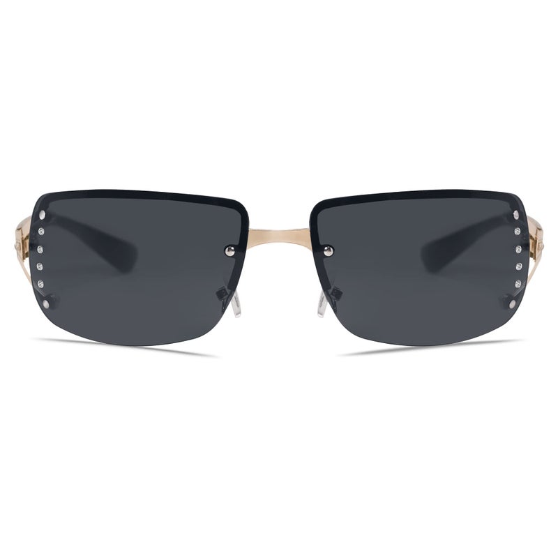 VANLINKER Rimless Frameless rectangular Sunglasses for Women Trendy Y2k Early 2000s Fashion Shades All Black - Image 2