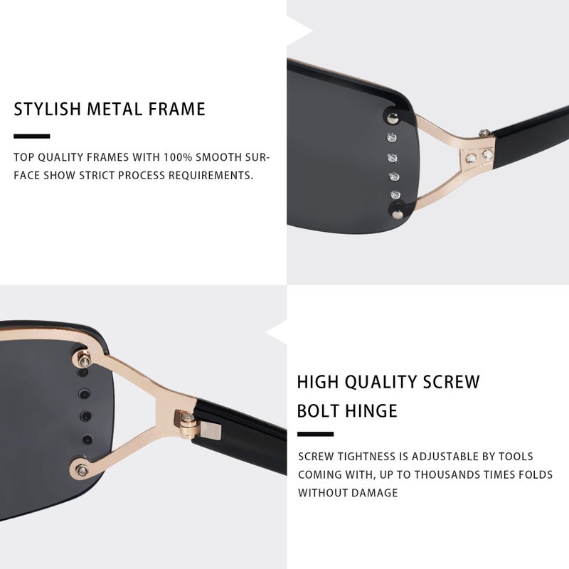 VANLINKER Rimless Frameless rectangular Sunglasses for Women Trendy Y2k Early 2000s Fashion Shades All Black - Image 3