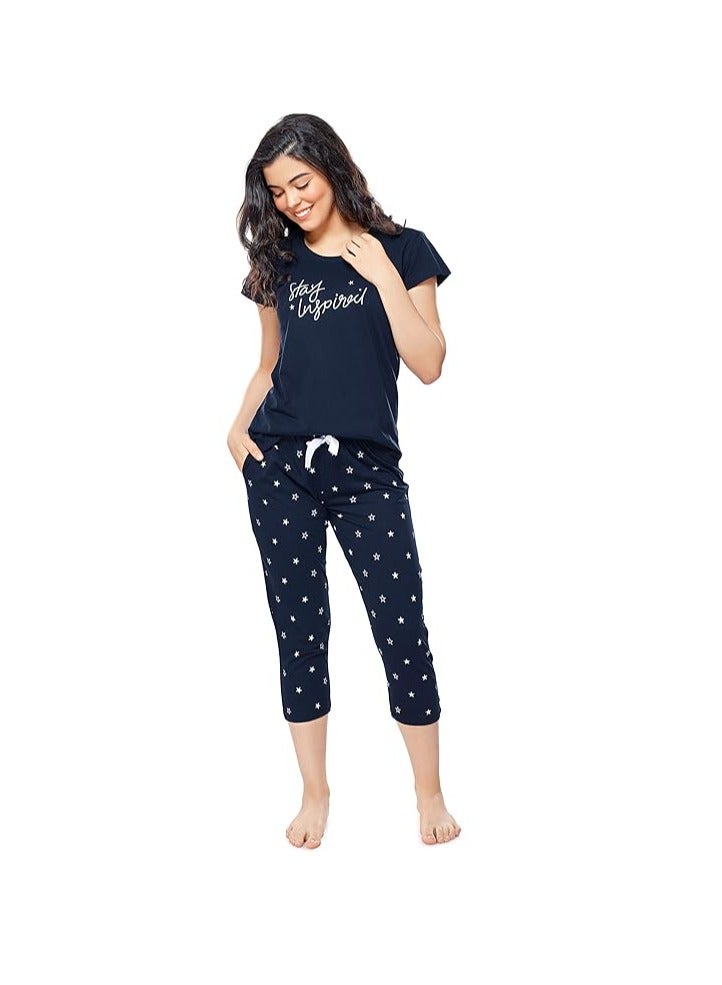 Accessorize Kingdom Women's Cotton Star Printed Night Suit Set of Top & Capri  - Image 1
