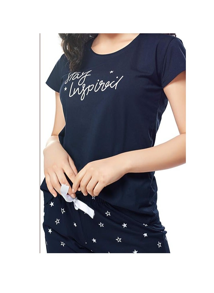 Accessorize Kingdom Women's Cotton Star Printed Night Suit Set of Top & Capri  - Image 2