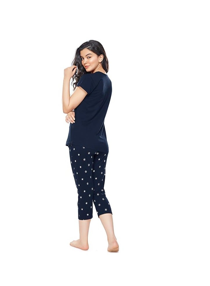 Accessorize Kingdom Women's Cotton Star Printed Night Suit Set of Top & Capri  - Image 3