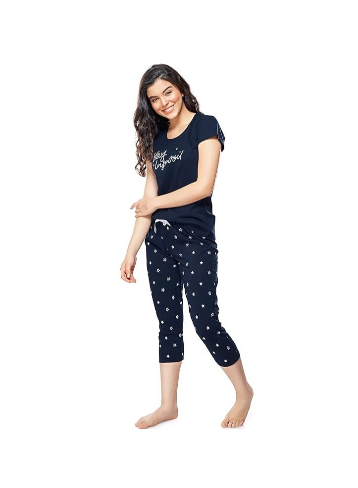 Accessorize Kingdom Women's Cotton Star Printed Night Suit Set of Top & Capri  - Image 4