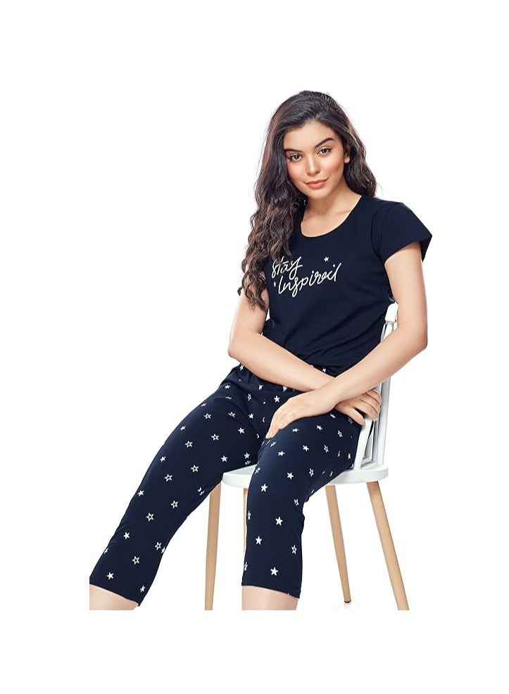 Accessorize Kingdom Women's Cotton Star Printed Night Suit Set of Top & Capri  - Image 5