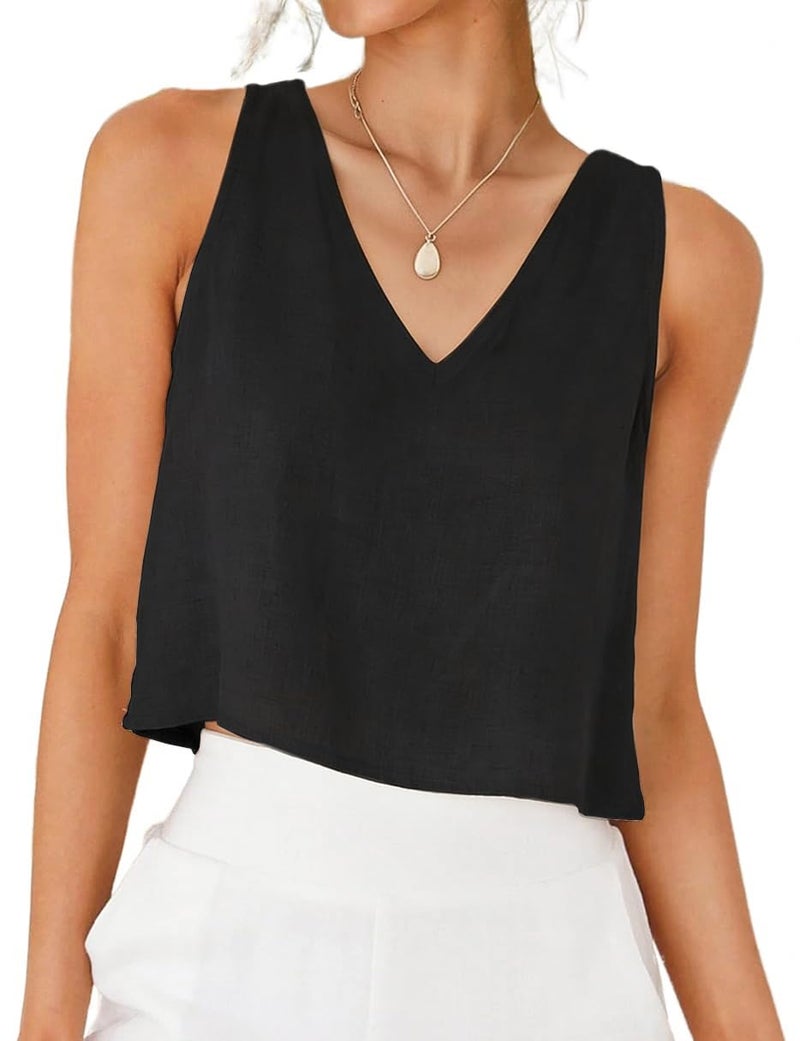 IDEALSANXUN Black Tank Top Woman 2026 Trendy Cotton Linen Cute Crop V Neck Tops Spring Summer Sleeveless Shirts Blouses, Black, M - Image 1
