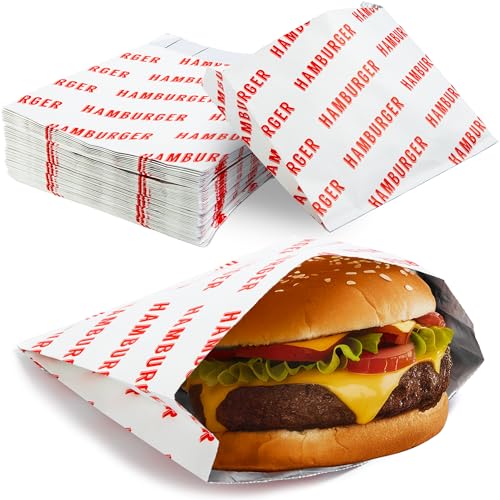 Avant Grub Retro Grease Proof Burger Wrappers 200 Pk Great BPA Free Cookout Supply Pro Quality Bulk Hamburger Bags Are Large and Insulated Allergen Friendly BBQ Foil Paper Perfect For Baseball Themed Party