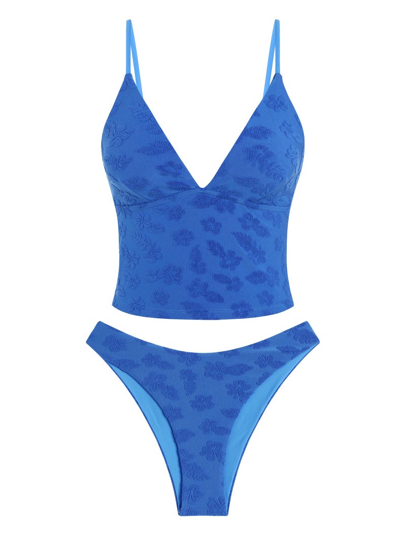 ZAFUL Swimsuits for Women's Tummy Control Tankini V Neck High Waisted Tie Bikini Set 2 Pieces Bathing Suits (1-a-Deep Blue, S) - Image 1