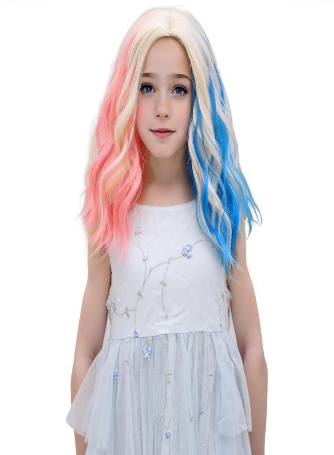MEDO Pink and Blue Wig Kids Child Wig Short Wavy Curly Clown Girl Hair Shoulder Length Synthetic Girls Cosplay Halloween Party Costume (Pink and Blue) - Image 1