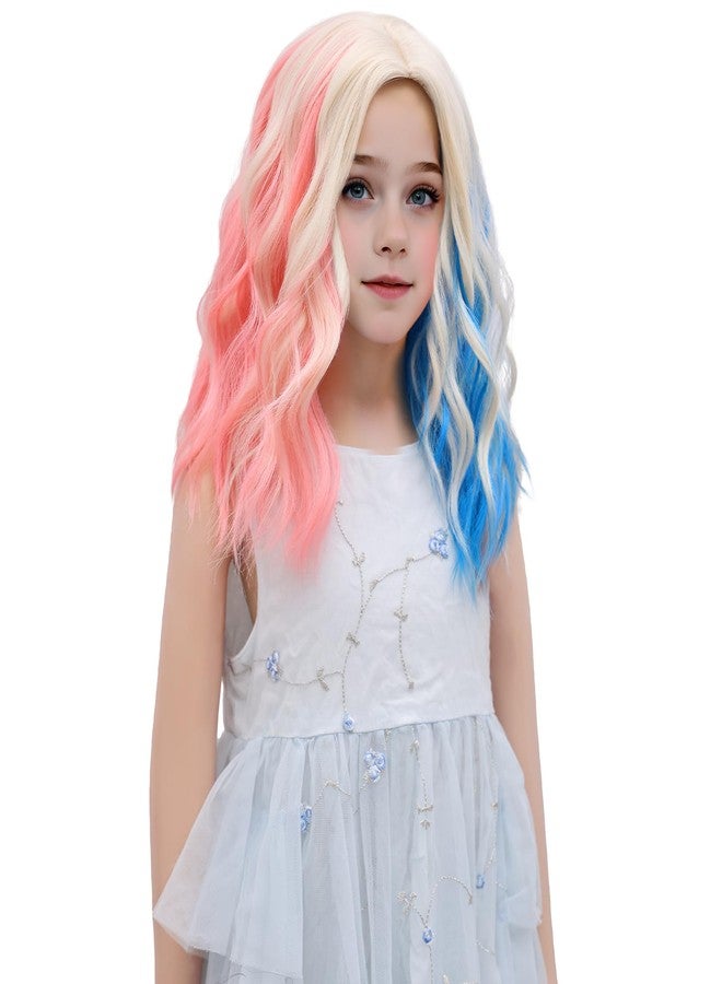 MEDO Pink and Blue Wig Kids Child Wig Short Wavy Curly Clown Girl Hair Shoulder Length Synthetic Girls Cosplay Halloween Party Costume (Pink and Blue) - Image 2