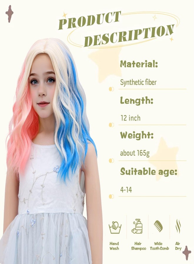 MEDO Pink and Blue Wig Kids Child Wig Short Wavy Curly Clown Girl Hair Shoulder Length Synthetic Girls Cosplay Halloween Party Costume (Pink and Blue) - Image 4