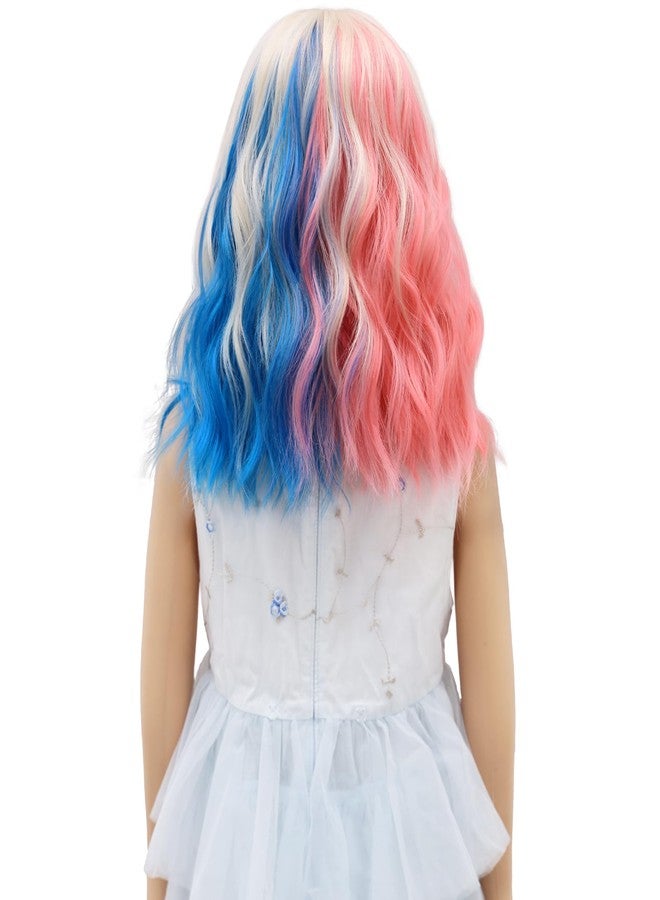 MEDO Pink and Blue Wig Kids Child Wig Short Wavy Curly Clown Girl Hair Shoulder Length Synthetic Girls Cosplay Halloween Party Costume (Pink and Blue) - Image 3
