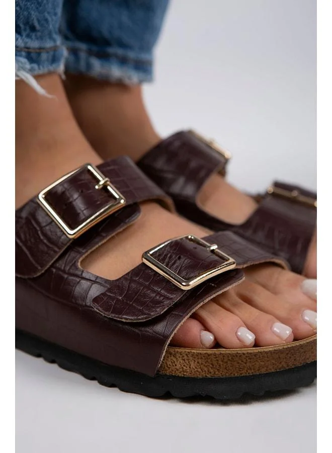 Manijero  Croco Women's Genuine Leather Double-Studded Crocodile Burgundy Slipper for Women | Best Price UAE