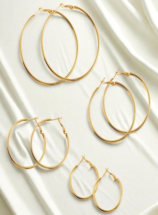 YINCUO 4 Pairs Stainless Steel Silver 14K Gold Plated Hoop Earrings for Women Hypoallergenic Big Thin Lightweight Dangle Set, Stainless Steel, No Gemstone - Image 4