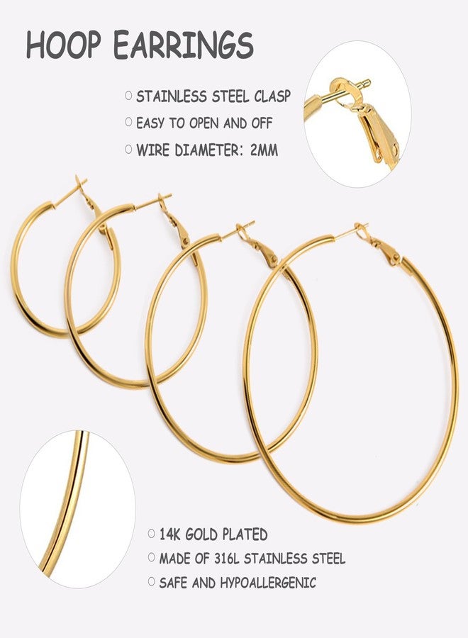 YINCUO 4 Pairs Stainless Steel Silver 14K Gold Plated Hoop Earrings for Women Hypoallergenic Big Thin Lightweight Dangle Set, Stainless Steel, No Gemstone - Image 3