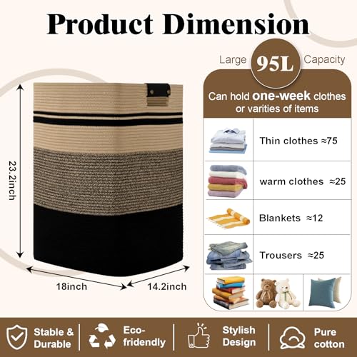 Degeyoyo Laundry Hamper, 95L Tall Laundry Basket with Leather Handles, Rectangle Large Clothes Hamper for Organizing, Cotton Woven Laundry Baskets Storage Hampers for Bedroom, Nursery, Living Room - Image 3