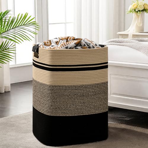 Degeyoyo Laundry Hamper, 95L Tall Laundry Basket with Leather Handles, Rectangle Large Clothes Hamper for Organizing, Cotton Woven Laundry Baskets Storage Hampers for Bedroom, Nursery, Living Room - Image 2