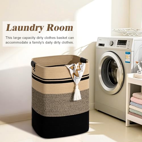 Degeyoyo Laundry Hamper, 95L Tall Laundry Basket with Leather Handles, Rectangle Large Clothes Hamper for Organizing, Cotton Woven Laundry Baskets Storage Hampers for Bedroom, Nursery, Living Room - Image 4