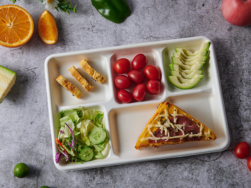 Vplus 100% Compostable 5 Compartment Paper Plates, 100 Pack, 12.5 x 8.6 inch Disposable School Lunch Trays, Eco-Friendly Bagasse Plates for Buffet, and Party - Image 4