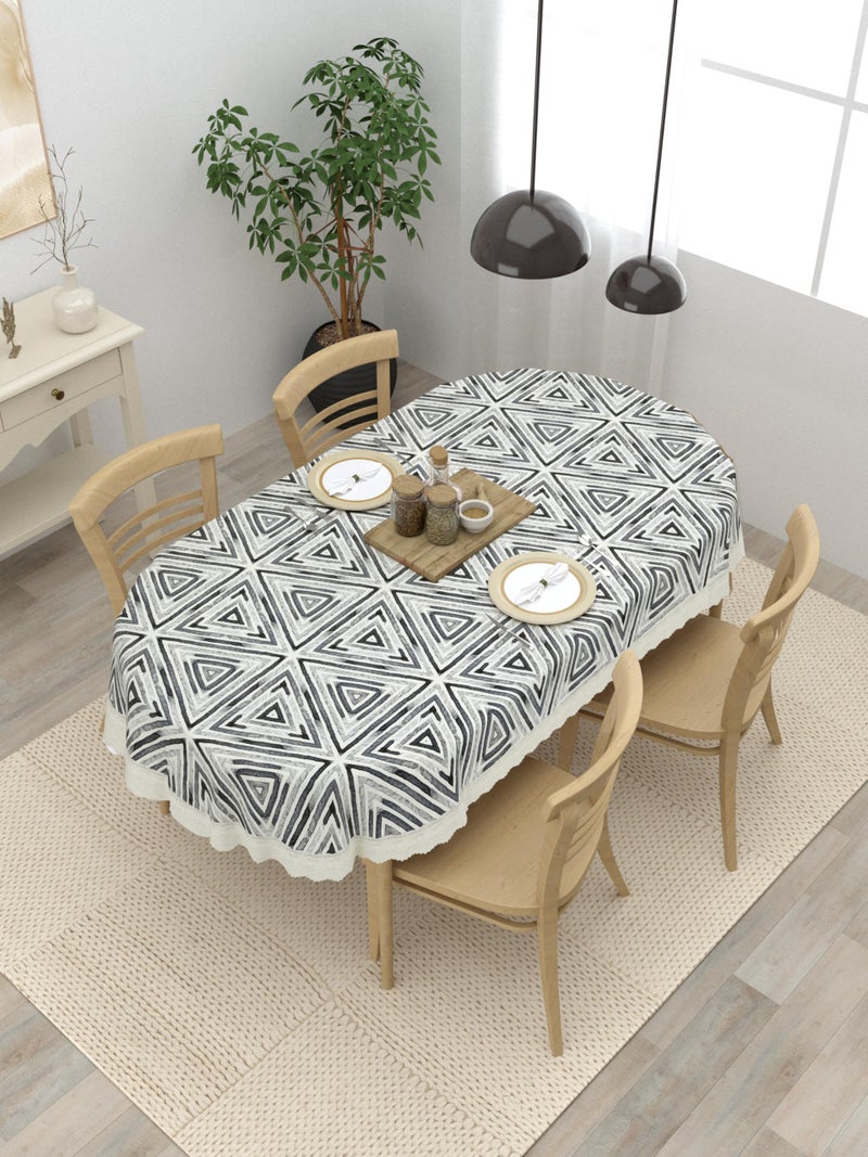 Clasiko 4 Seater Oval Dining Table Cover; 54x78 Inches or 137x198 Cms; Material - PVC; Anti Slip; White Print On Grey 77034 - Image 1