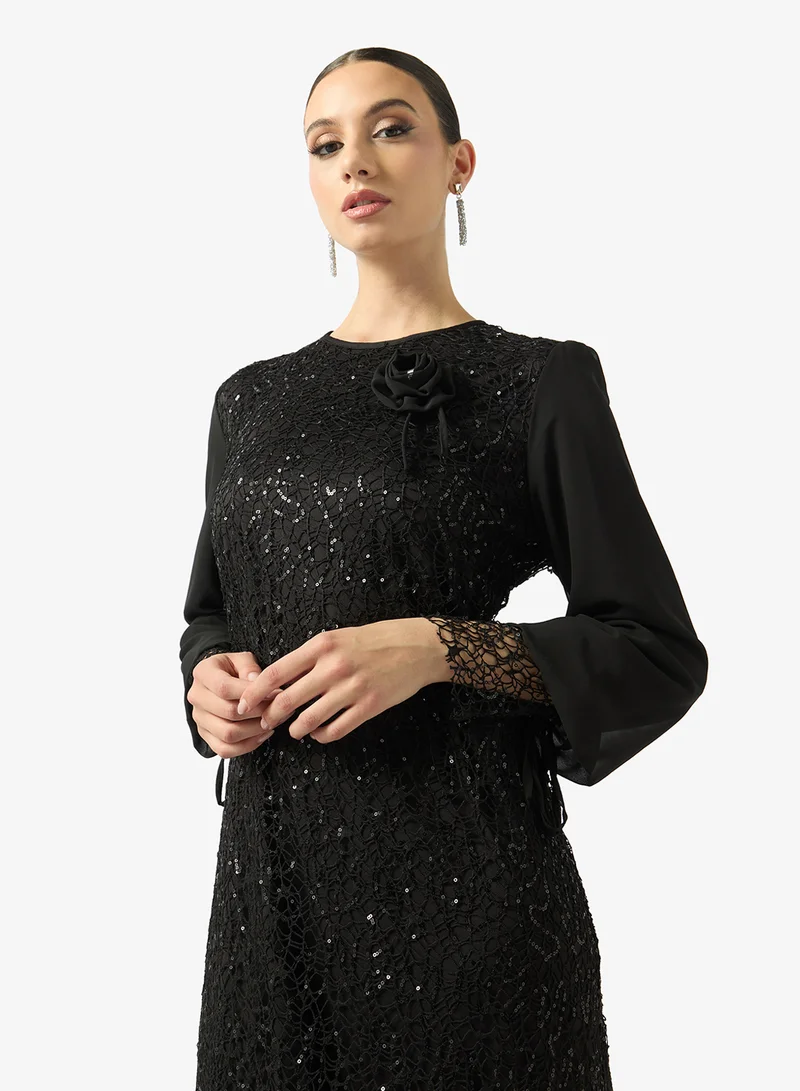 FYOR  Embellished Sheer Sleeve Midi Dress for Women | Best Price UAE