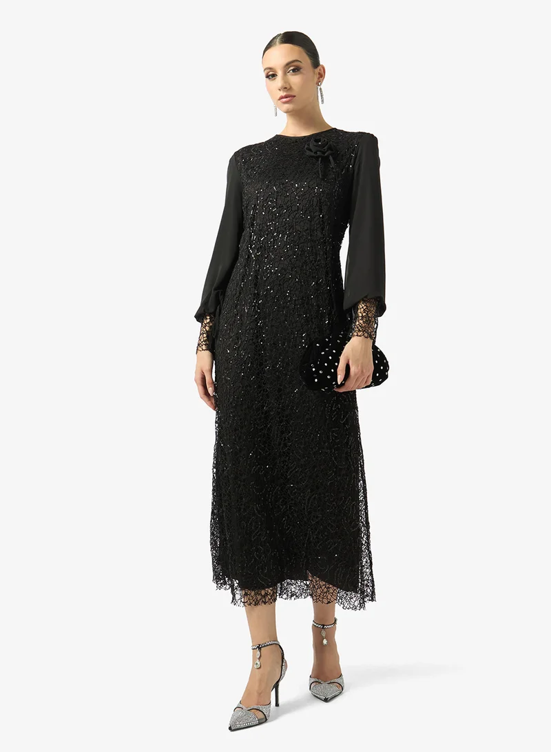 FYOR  Embellished Sheer Sleeve Midi Dress for Women | Best Price UAE