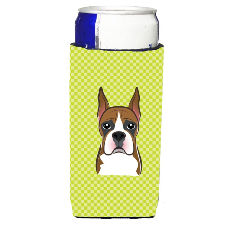 Caroline's Treasures Checkerboard Lime Green Boxer Ultra Beverage Insulators for slim cans BB1285MUK