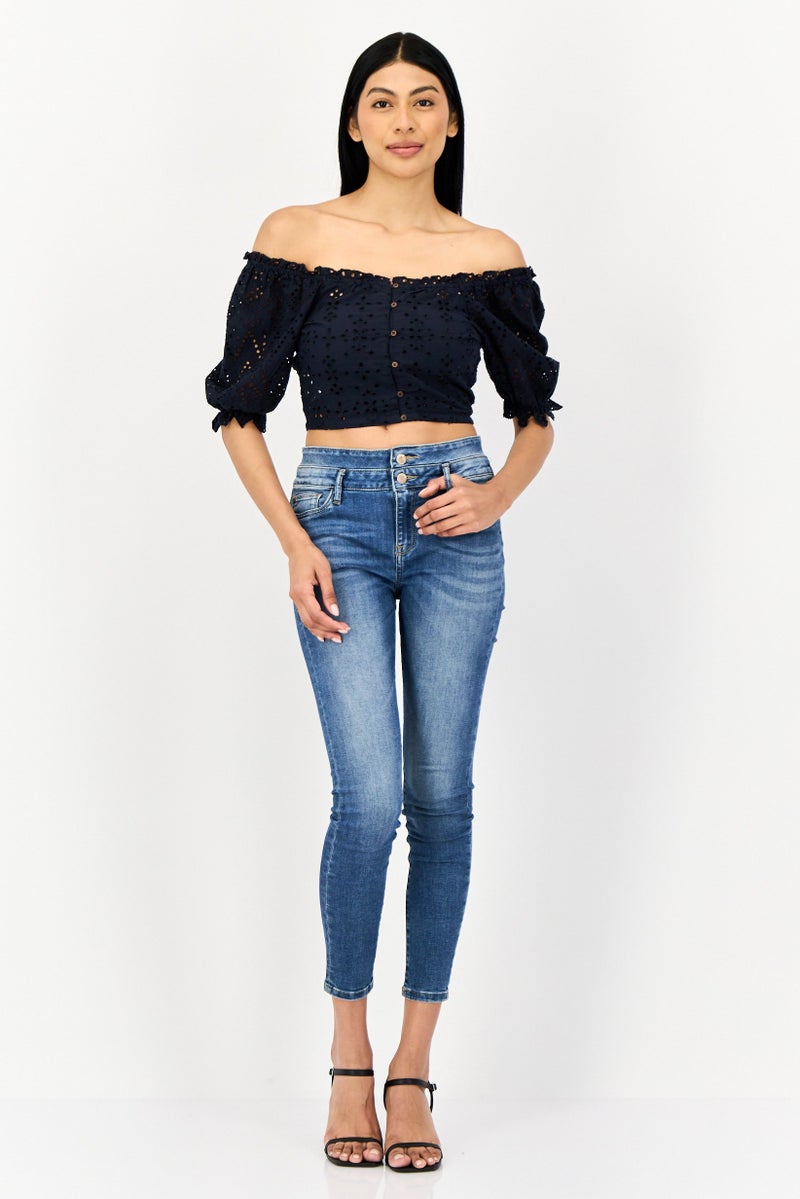 ONLY Women Ruffle Neck Short Sleeve Eyelet Blouse, Navy  - Image 2