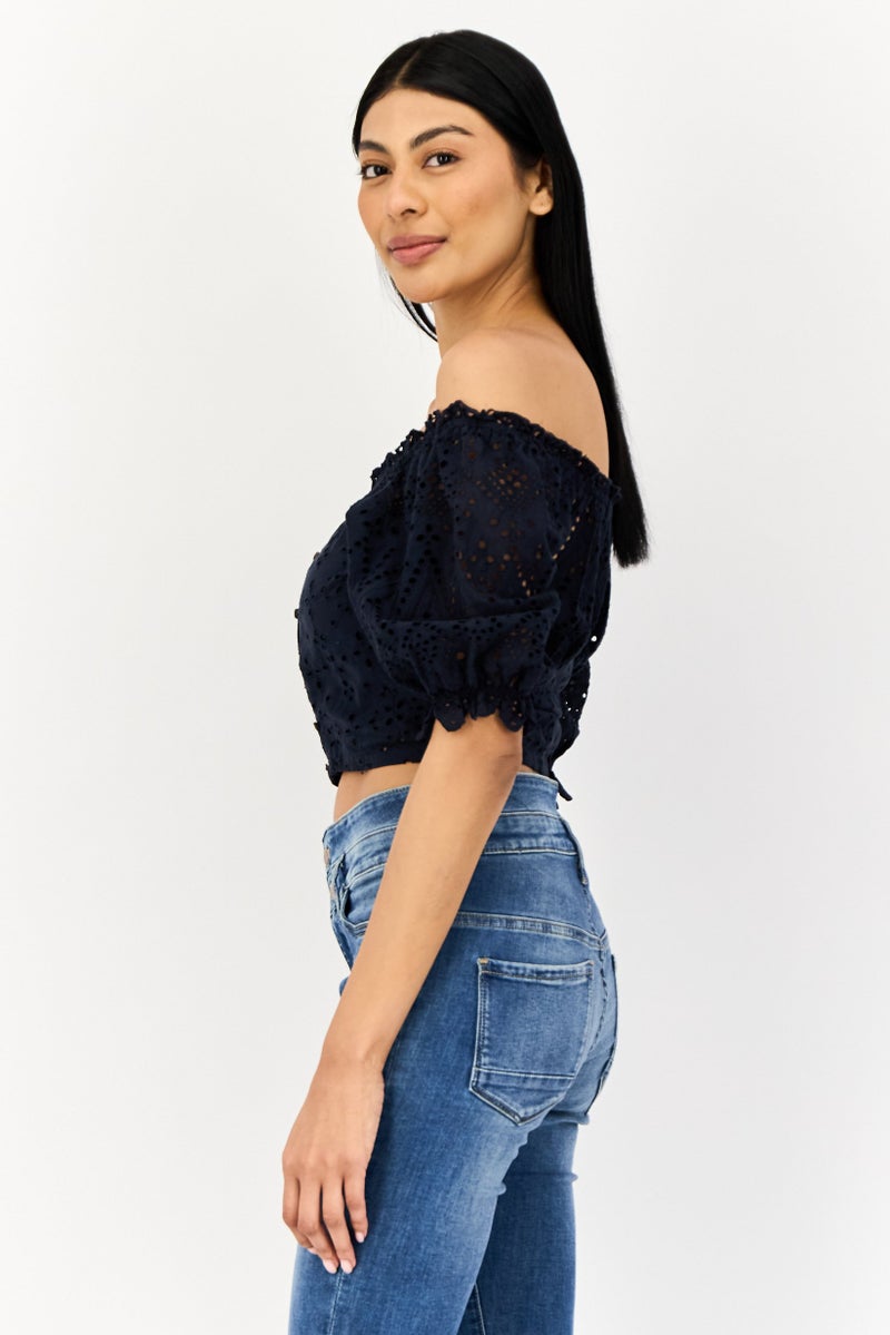 ONLY Women Ruffle Neck Short Sleeve Eyelet Blouse, Navy  - Image 3