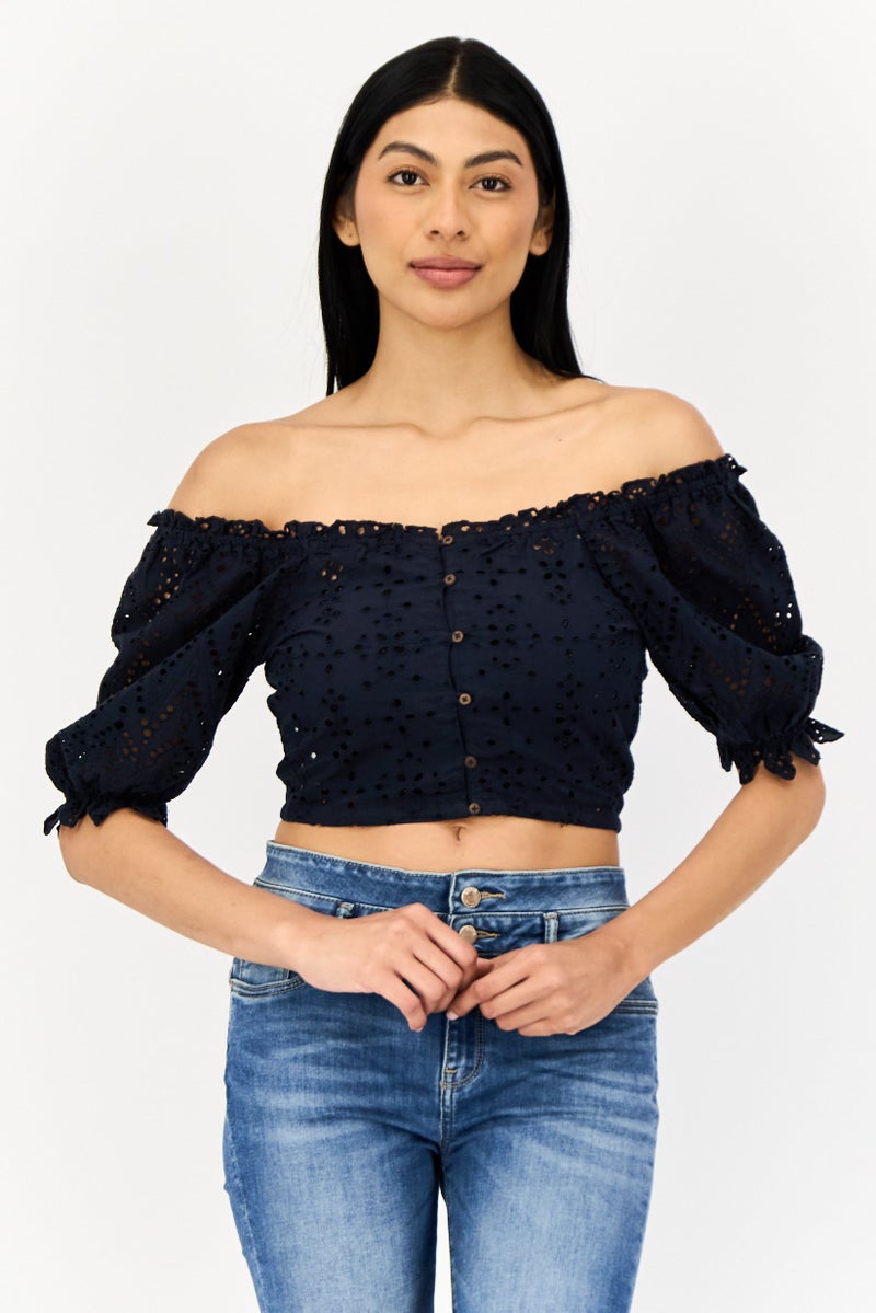 ONLY Women Ruffle Neck Short Sleeve Eyelet Blouse, Navy  - Image 1