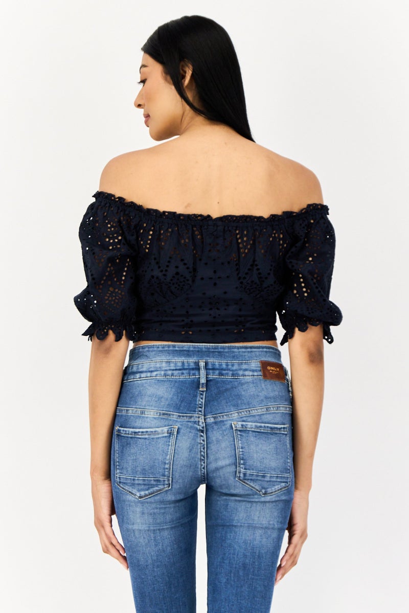 ONLY Women Ruffle Neck Short Sleeve Eyelet Blouse, Navy  - Image 4