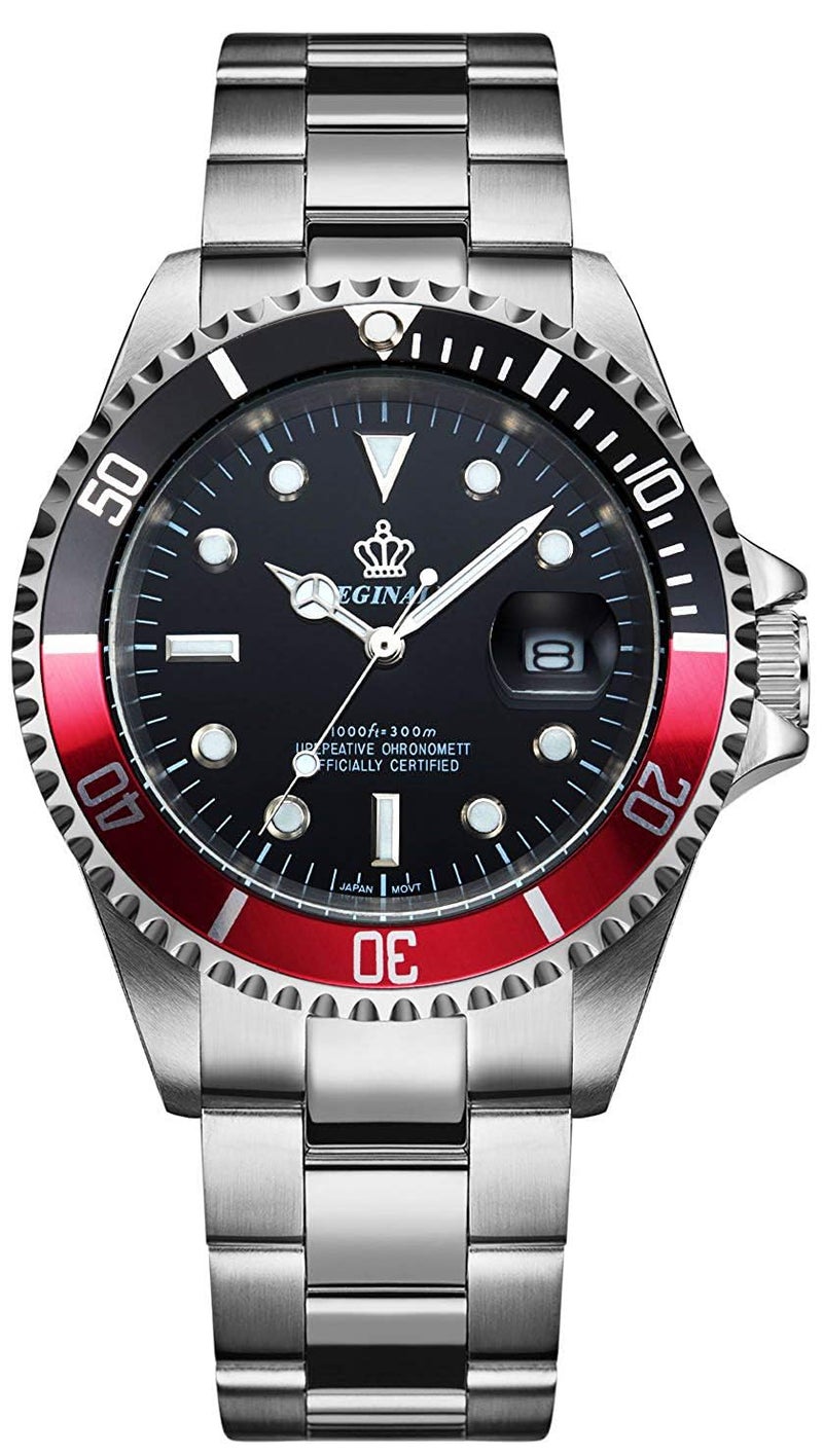Reginald Men's Watch Luminous Quartz Rotatable Bezel Sapphire Glass Silver Stainless Steel Band and Case Waterproof Sports Red Watch - Image 3