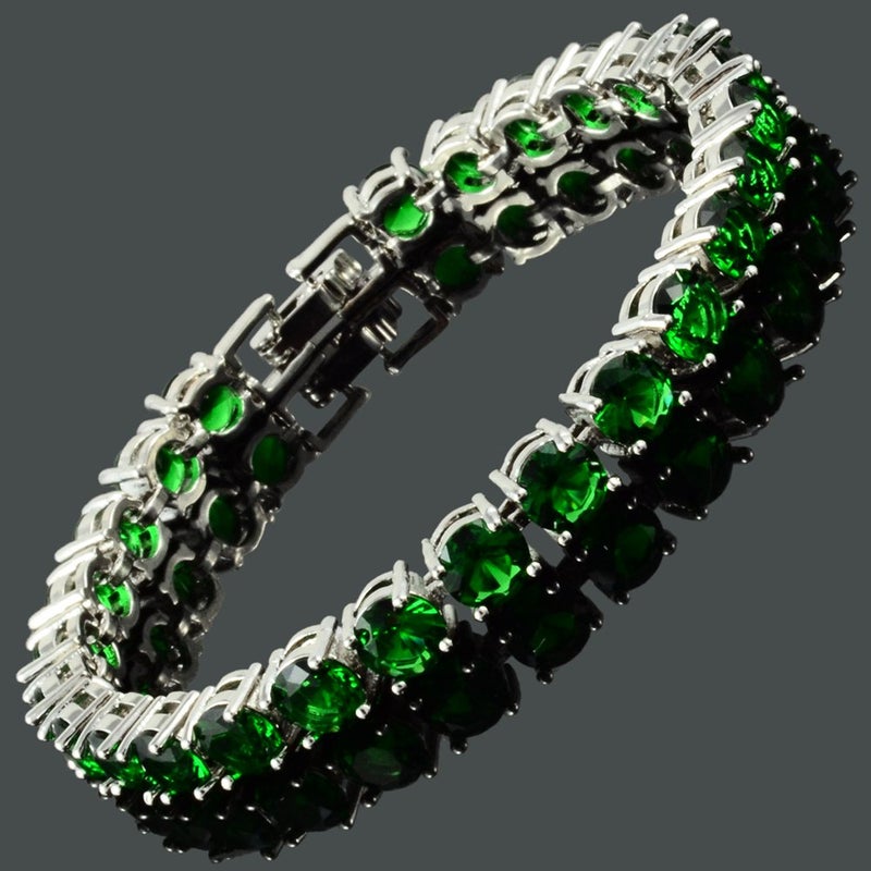 RIZILIA Round Cut Simulated Green Emerald CZ 18K Gold Plated Tennis Bracelet, 7" - Image 5