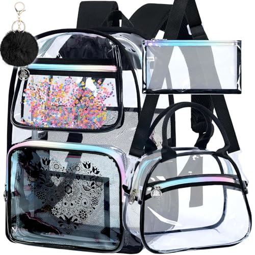 gxtvo 3PCS Clear Backpack Womens Sequins Transparent Bookbag Set Cute Heavy Duty SeeThrough School Bag for Teens and Elementary Students Flower Black Love - Image 1