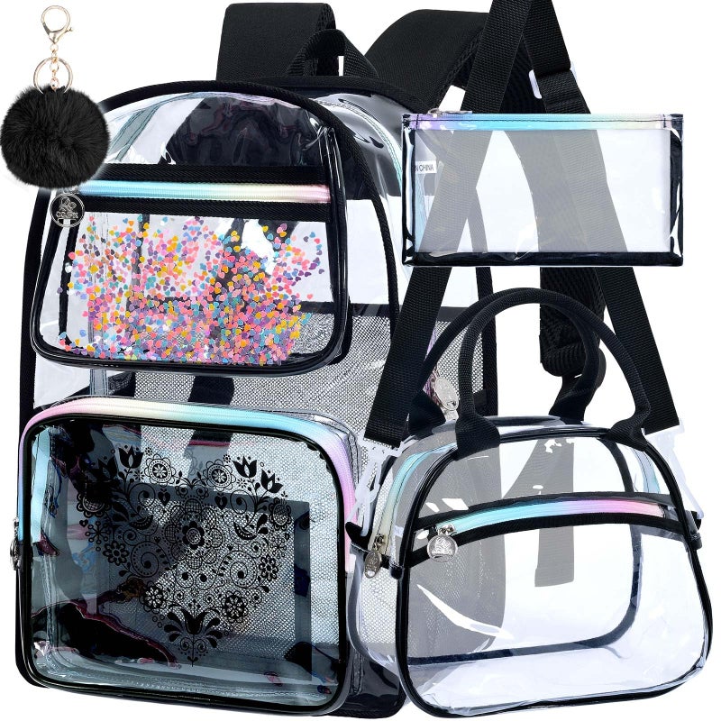 gxtvo 3PCS Clear Backpack Womens Sequins Transparent Bookbag Set Cute Heavy Duty SeeThrough School Bag for Teens and Elementary Students Flower Black Love - Image 2