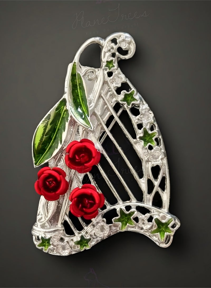 PLANE TREES Enamel Rose Floral Brooch – Silver Vine Design with Red Flower and Green Leaf – Romantic Pin Jewelry for Women, Gift, Vintage Artistic Style - Image 1