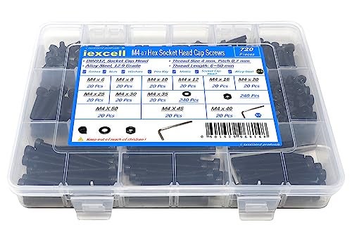iexcell 720 Pcs M4 x 6/8/10/12/16/20/25/30/35/40/45/50 Alloy Steel 12.9 Grade Hex Socket Head Cap Screws Bolts Washers Assortment Kit, Black Oxide Finish - Image 1