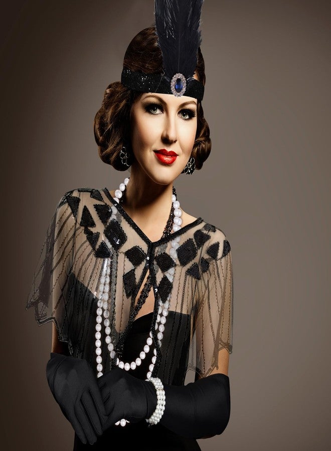 ELECLAND 10 Pieces 1920s Flapper Great Gatsby Accessories Set Fashion Roaring 20's Theme Set with Headband Headpiece Long Black Gloves Necklace Earrings for Women (Black) - Image 5