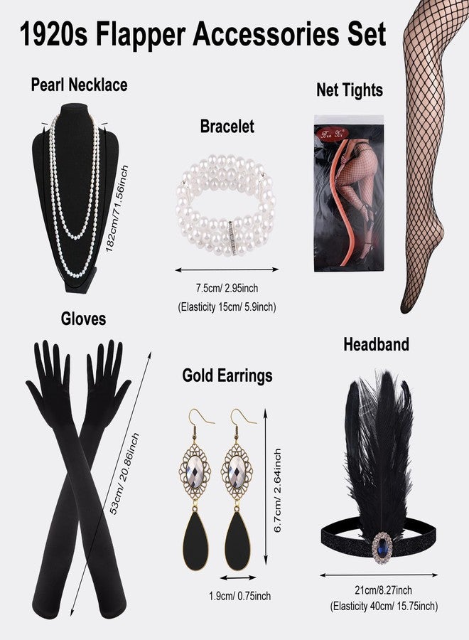 ELECLAND 10 Pieces 1920s Flapper Great Gatsby Accessories Set Fashion Roaring 20's Theme Set with Headband Headpiece Long Black Gloves Necklace Earrings for Women (Black) - Image 4