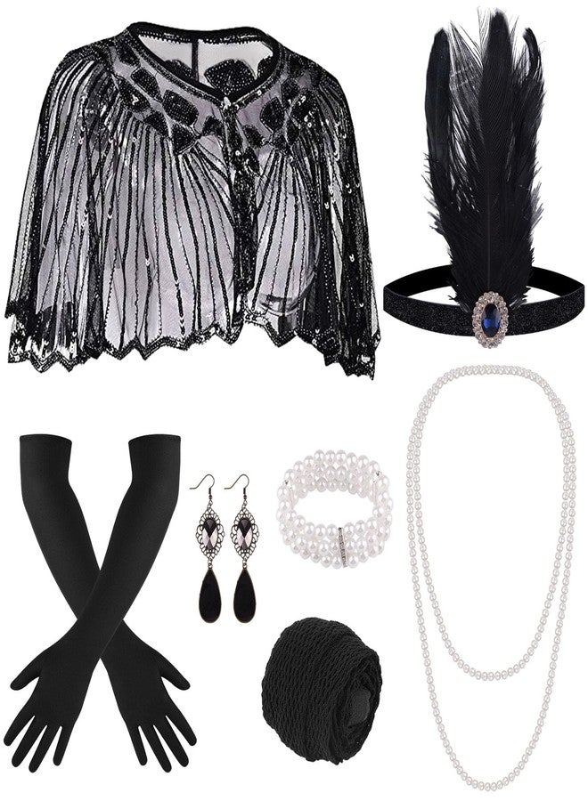 ELECLAND 10 Pieces 1920s Flapper Great Gatsby Accessories Set Fashion Roaring 20's Theme Set with Headband Headpiece Long Black Gloves Necklace Earrings for Women (Black) - Image 1