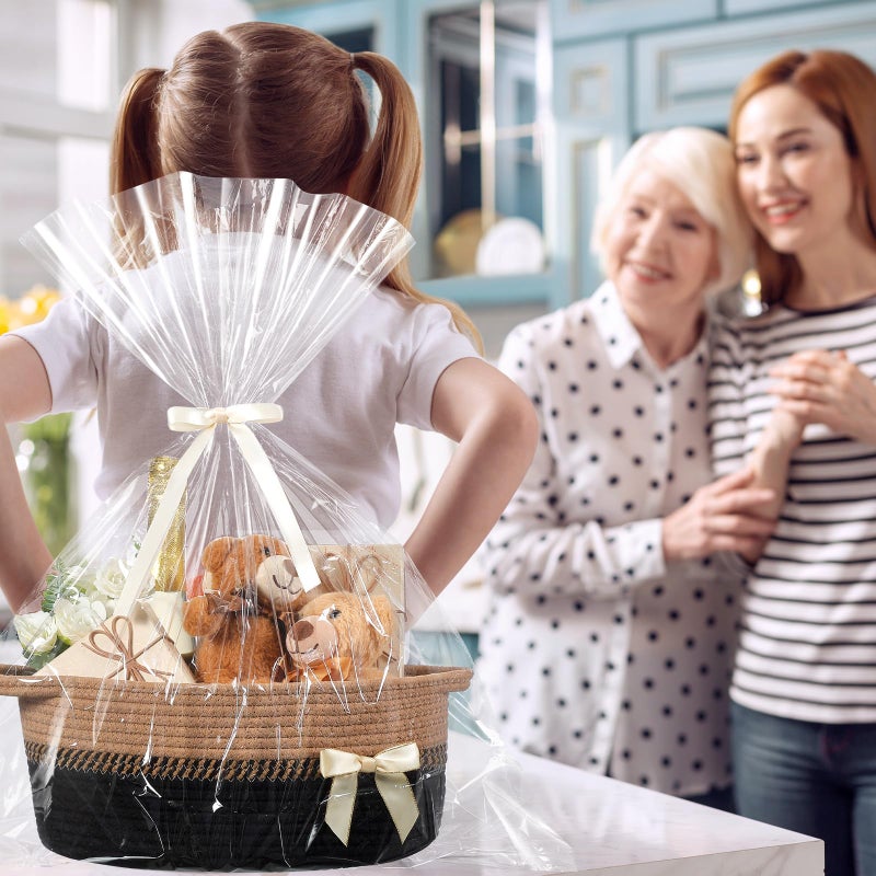 Colingmill Easter Woven Large Gift Basket Empty with Ribbons Bow Tie and Bag, Easter Empty Decorative Chest Box, Woven Rope Storage with Handles Home Decor(14 x 10 x 5.5 Inch,Black Brown) - Image 5