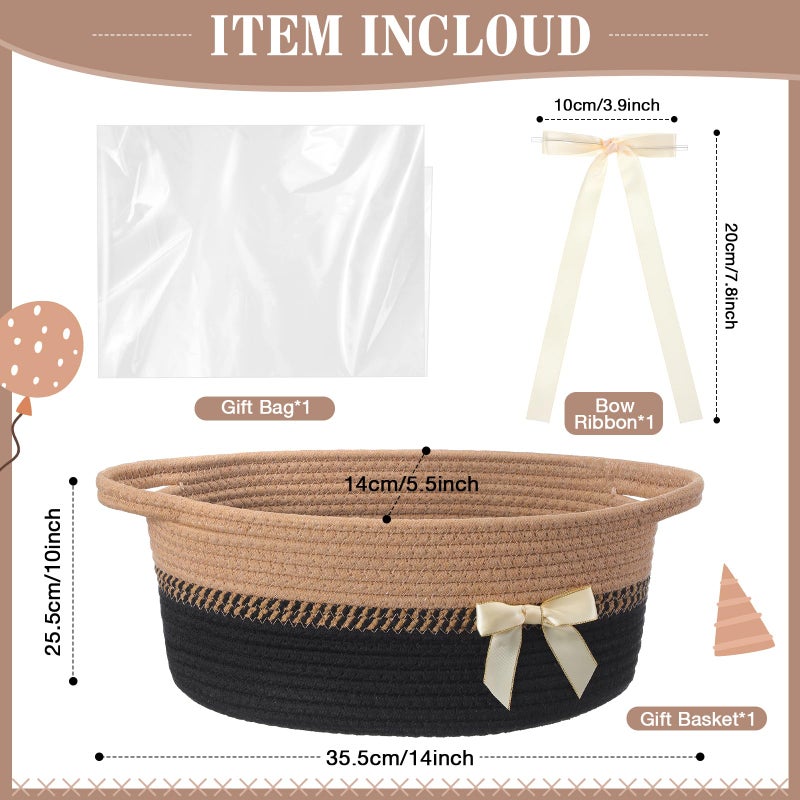 Colingmill Easter Woven Large Gift Basket Empty with Ribbons Bow Tie and Bag, Easter Empty Decorative Chest Box, Woven Rope Storage with Handles Home Decor(14 x 10 x 5.5 Inch,Black Brown) - Image 2