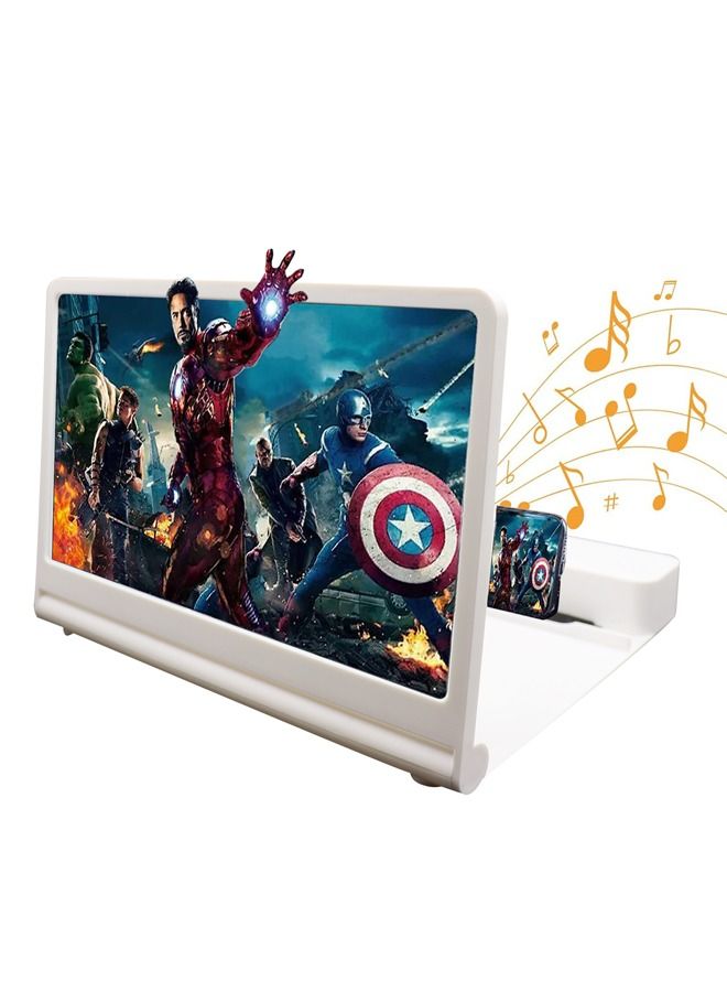 PADOM مكبر شاشة الهاتف 12 بوصة مع مكبر صوت بلوتوث، شاشة مكبرة ثلاثية الأبعاد للهاتف المحمول للأفلام والفيديوهات والألعاب. حامل هاتف قابل للطي مع مكبر شاشة أبيض - Image 1