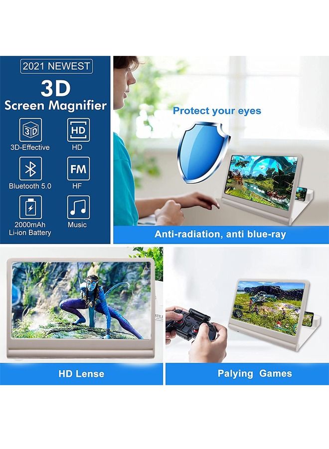 PADOM مكبر شاشة الهاتف 12 بوصة مع مكبر صوت بلوتوث، شاشة مكبرة ثلاثية الأبعاد للهاتف المحمول للأفلام والفيديوهات والألعاب. حامل هاتف قابل للطي مع مكبر شاشة أبيض - Image 4