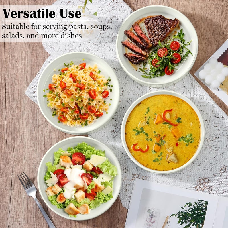 E-far طقم أطباق باستا إيفار من 4 قطع سعة 35 أونصة من السيراميك لأطباق السلطة الكبيرة لتقديم الحساء والعشاء أطباق باستا ضحلة آمنة للاستخدام في الميكروويف وغسالة الصحون بيضاء مرقطة - Image 4