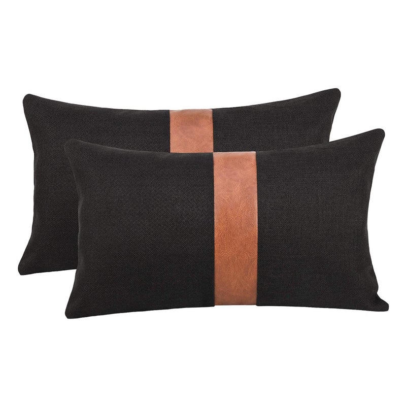Cygnus Set of 2 Black Linen Patchwork Faux Leather Throw Lumbar Pillow Covers for Couch Living Room BedroomModern Accent Decor Lumbar Covers 12X20 inch Brown and Black