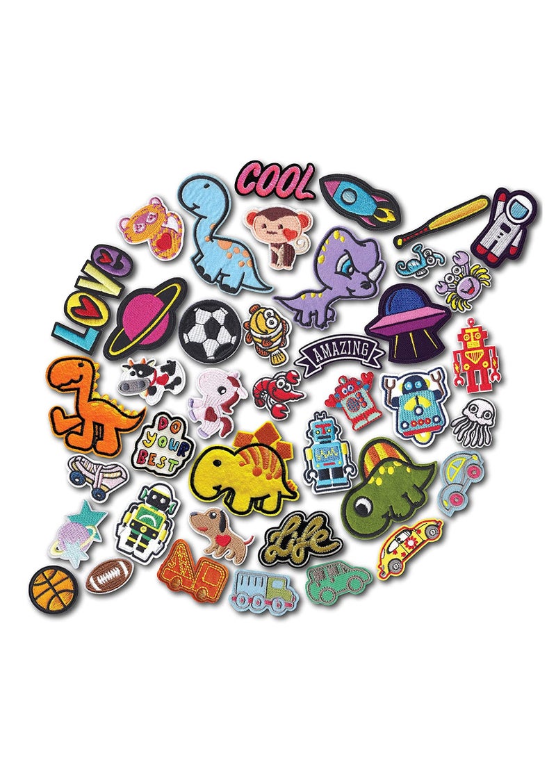 40pcs Cool Kids Embroidered Iron on Patches Sewing on Patches Appliques for Clothes Jackets Hats Backpacks Jeans Boys Girls Fishes Dinosaurs Cars Sports Space Animal Robot Inspirational - Image 1