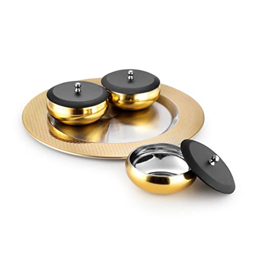 Fns Georgia Stainless Steel Gold Serving Bowl Set With Lid And Tray (3 Bowls With Lid,1 Tray) - 250 Ml - Image 1